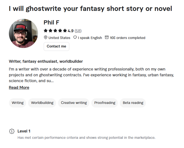 5. Phil14345 — Fantasy Short Story or Novel Ghostwriting
