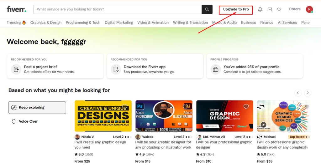 Step 2: Navigate to the Fiverr Pro Category