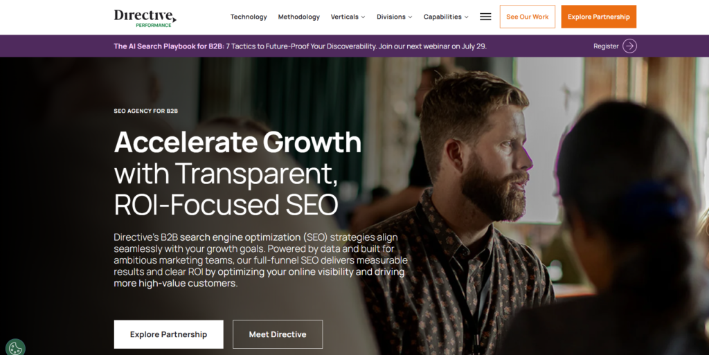 Directive built its name specifically in B2B SaaS, with a positioning that deliberately avoids "vanity traffic" in favor of SEO that reports directly into sales pipeline and revenue metrics.