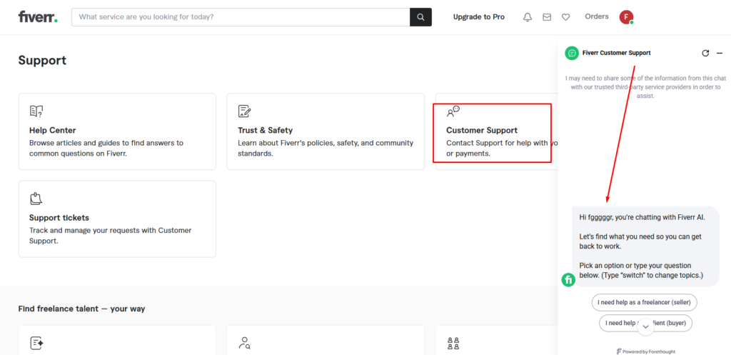 Go to Fiverr's Help & Support Center and open a new ticket