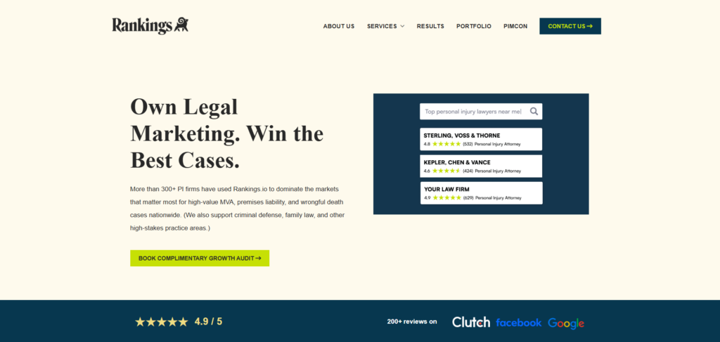 Rankings has built a tightly focused niche practice serving personal injury law firms — one of the most competitive and expensive keyword categories in all of search advertising.