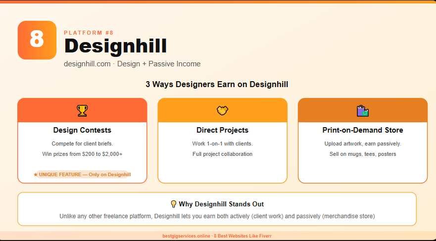 8. Designhill — Best for Designers Seeking Creative Freedom and Multiple Revenue Streams