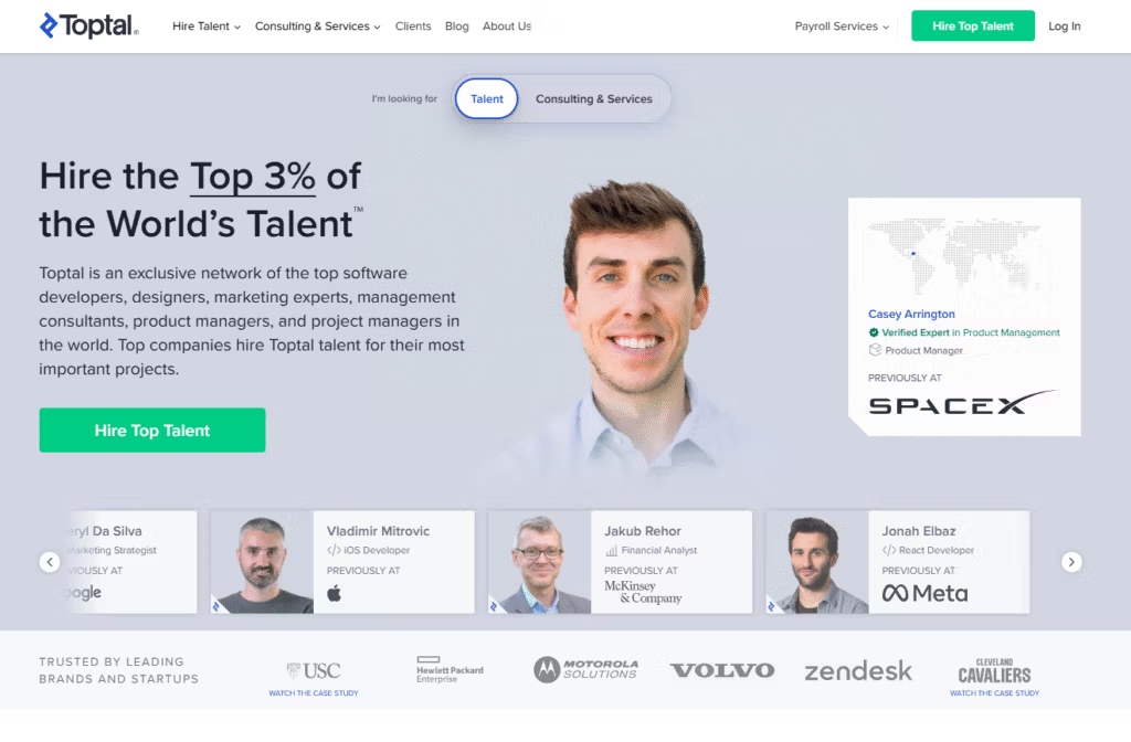 Toptal positions itself as an exclusive network for top-tier freelance talent in software development, design, finance, and project management.