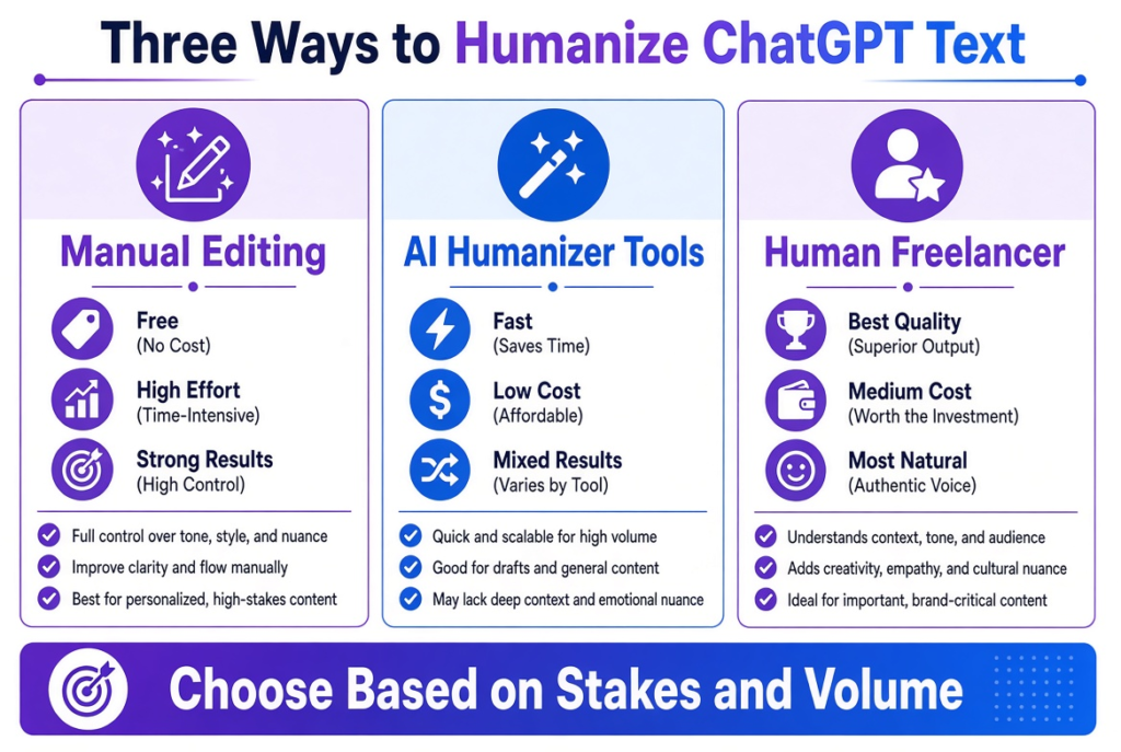 manually rewrite ChatGPT drafts so the rhythm, word choice, and flow feel natural while keeping your original meaning